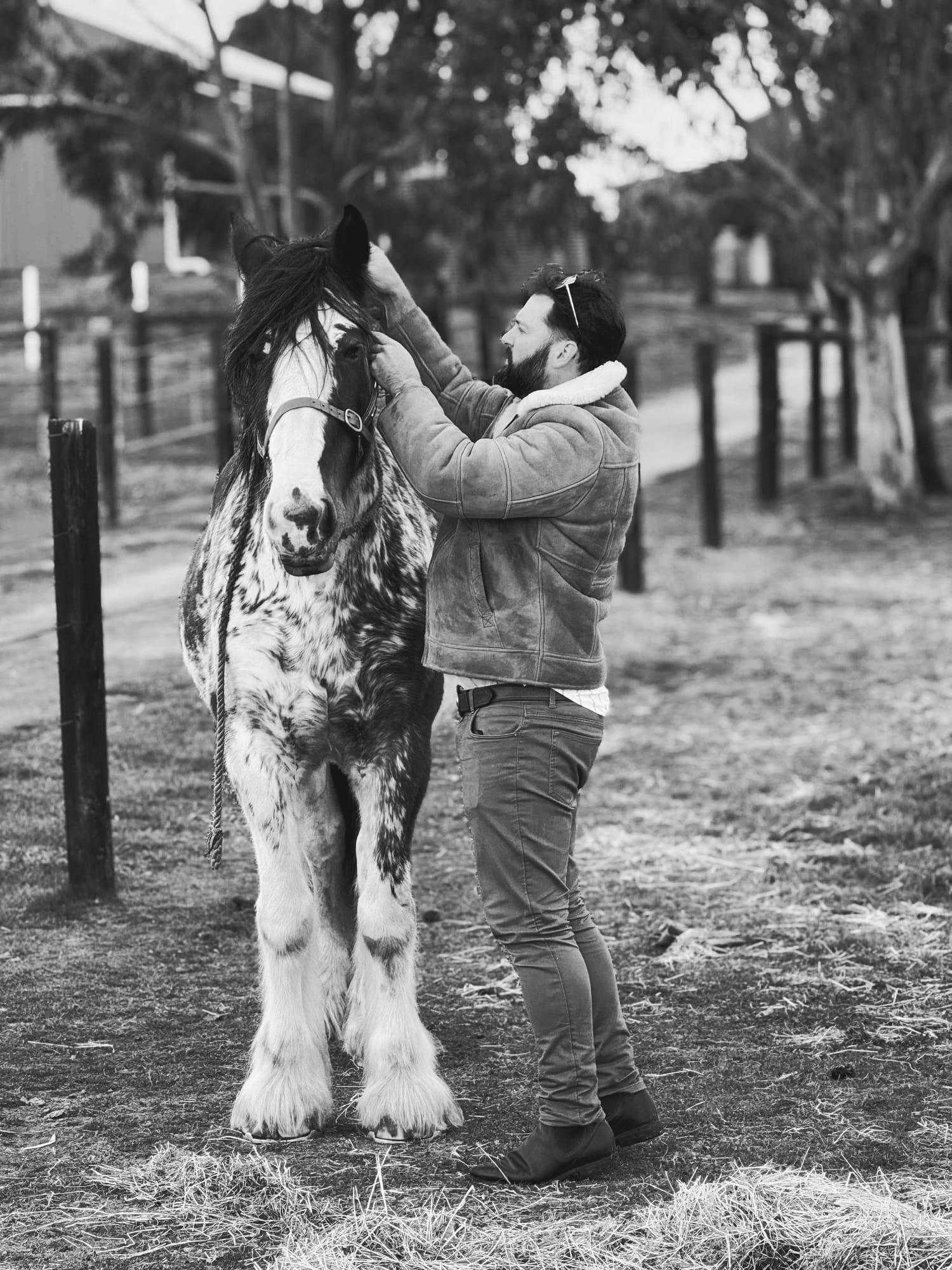 Black and white photo of James with a feathered draught horse