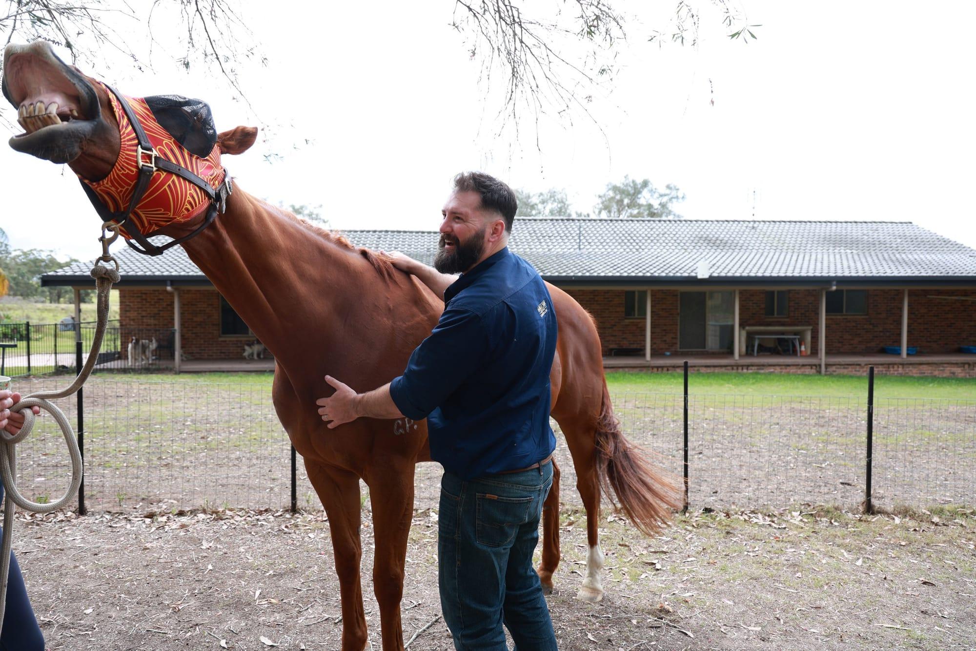 James assessing a chestnut horse's shoulder outside the stables